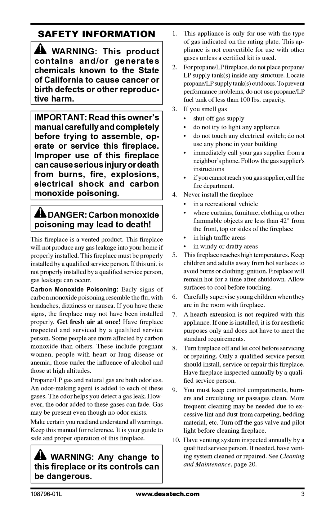 Desa Vm42eP installation manual Safety Information, High traffic areas Windy or drafty areas 