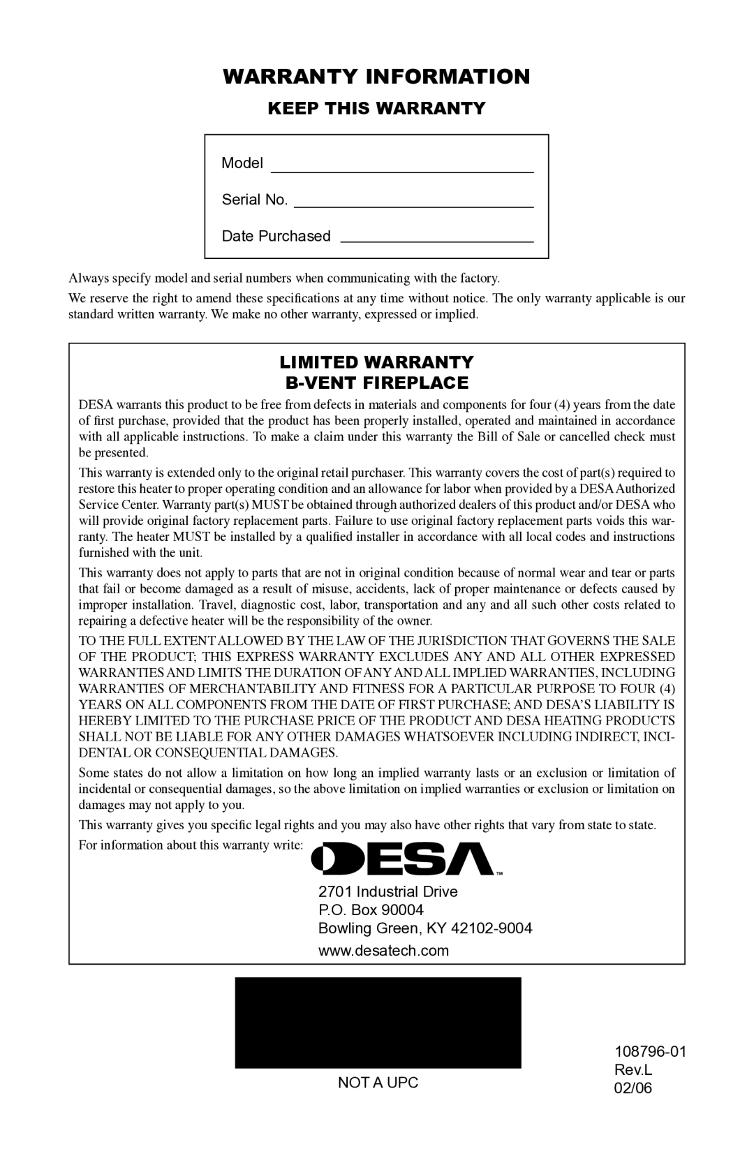 Desa Vm42eP installation manual Warranty Information, Keep this Warranty, Limited Warranty Vent Fireplace 