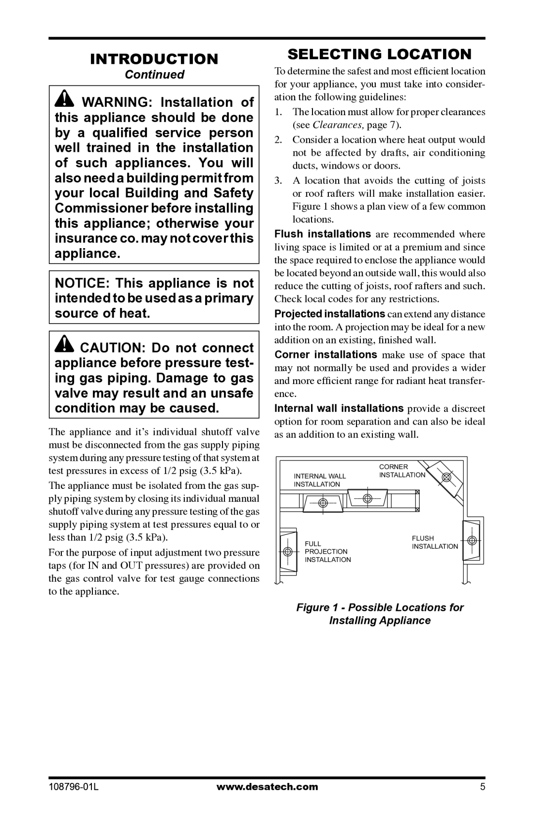 Desa Vm42eP installation manual Selecting Location, Possible Locations for Installing Appliance 