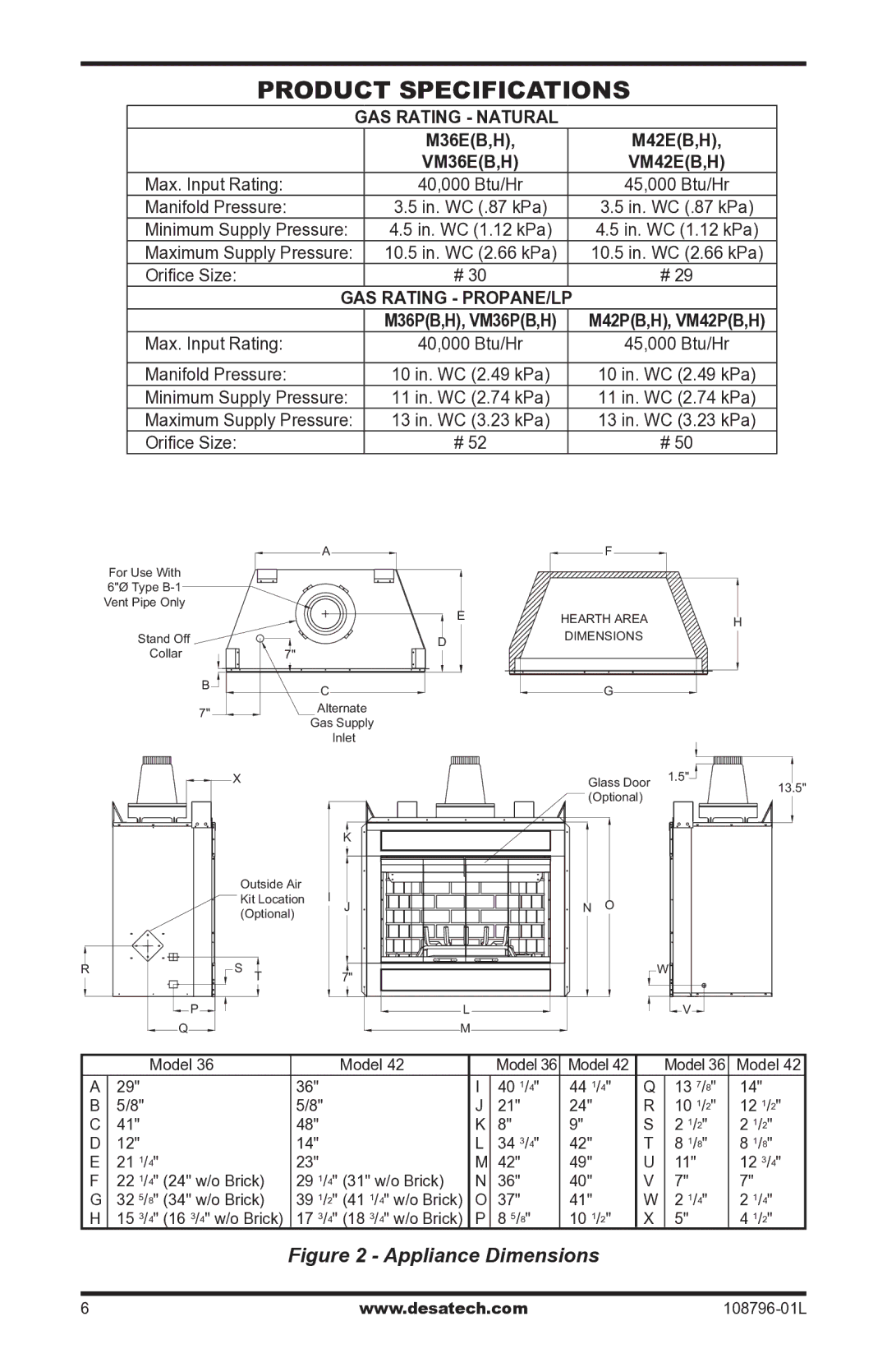 Desa Vm42eP installation manual Product Specifications, M36EB,H M42EB,H 