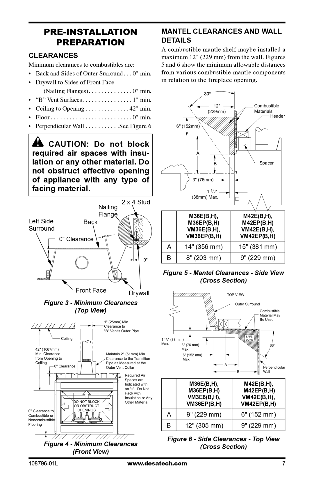 Desa Vm42eP Pre-Installation Preparation, Mantel Clearances and Wall Details, 229 mm 152 mm 12 305 mm 