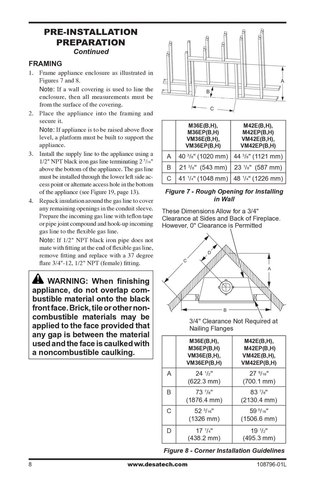 Desa Vm42eP installation manual Framing, Rough Opening for Installing Wall 