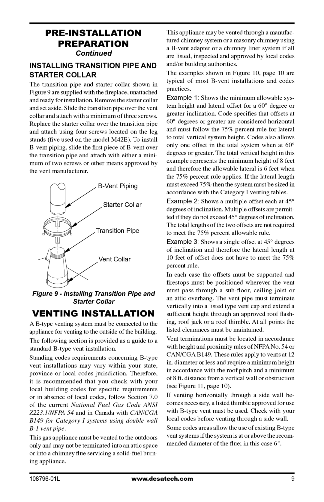 Desa Vm42eP installation manual Venting Installation, Installing Transition Pipe and Starter Collar 