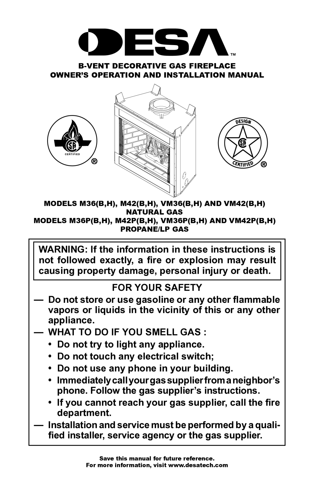 Desa VM42P installation manual Natural GAS, Propane/Lp Gas 