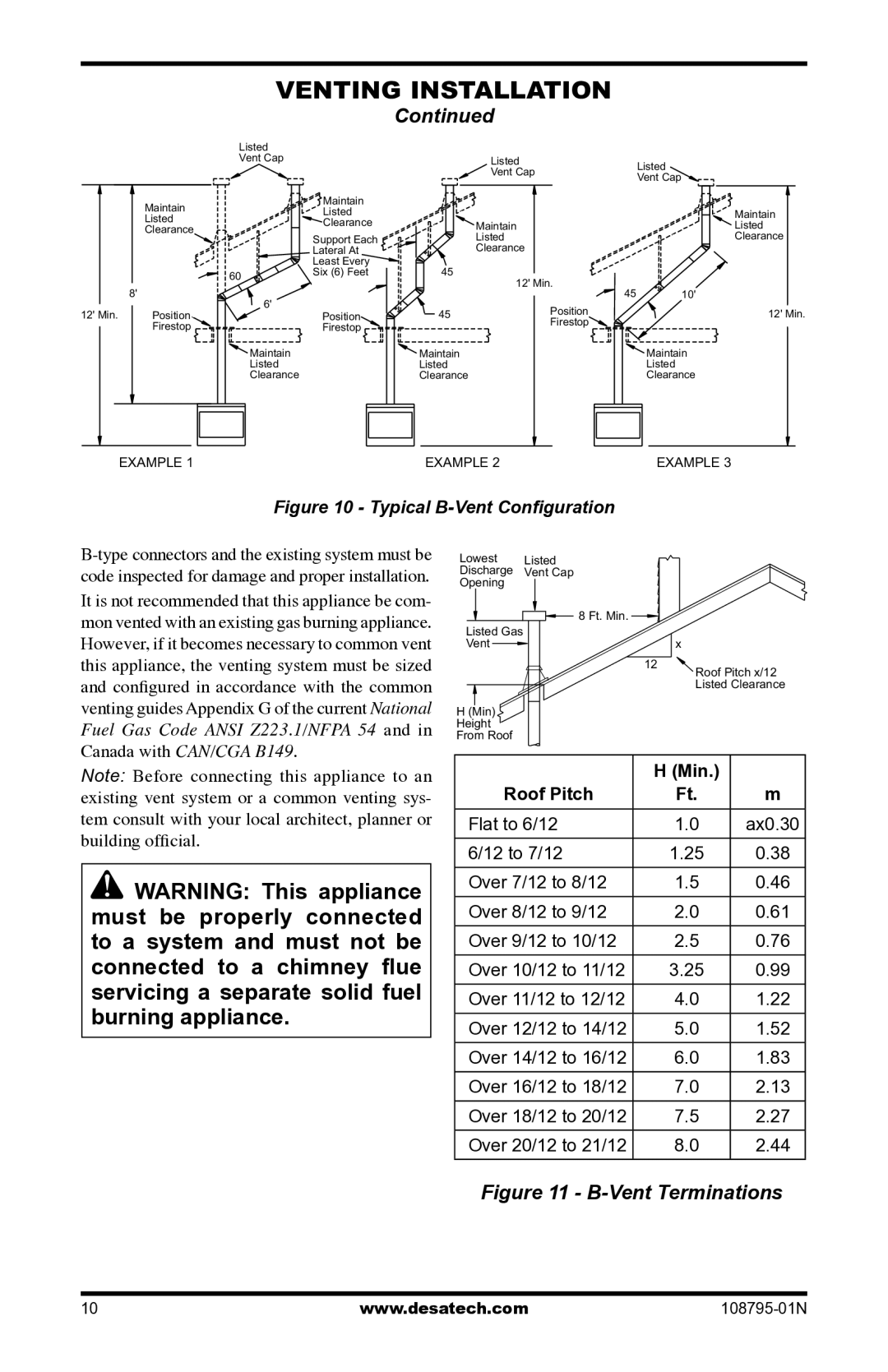 Desa VM42P installation manual Typical B-Vent Conﬁguration, Roof Pitch 