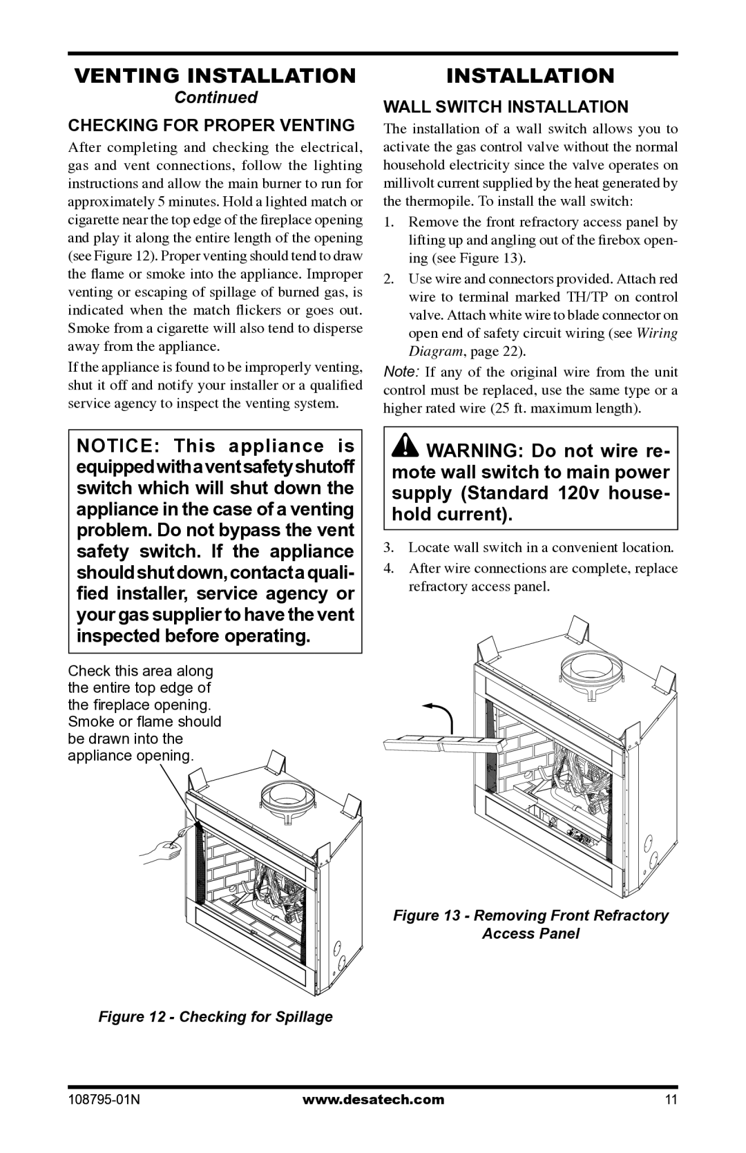 Desa VM42P installation manual Checking for Proper Venting, Wall Switch Installation 