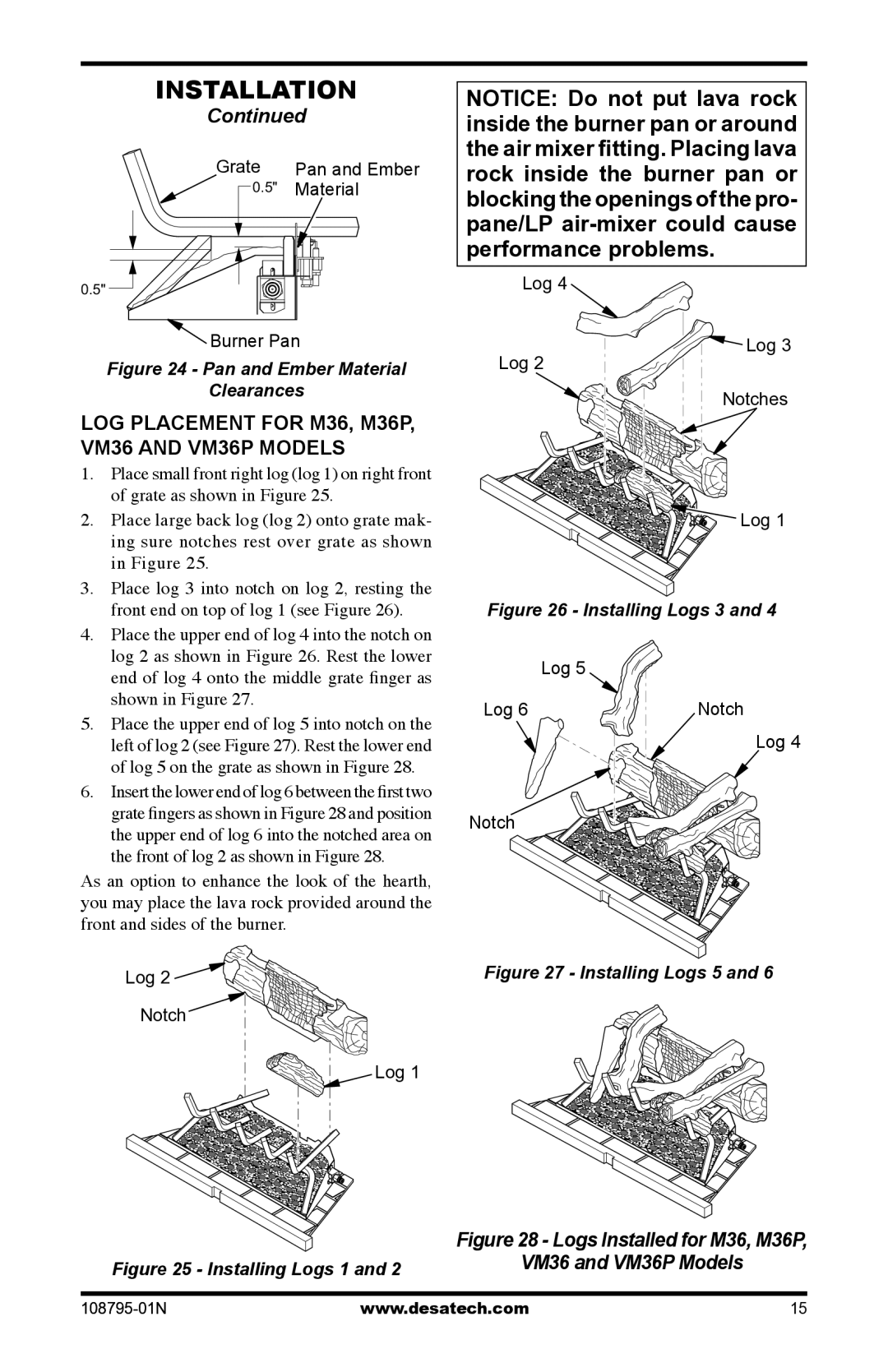 Desa VM42P LOG Placement for M36, M36P, VM36 and VM36P Models, Grate Pan and Ember Material Burner Pan, Log Notch 