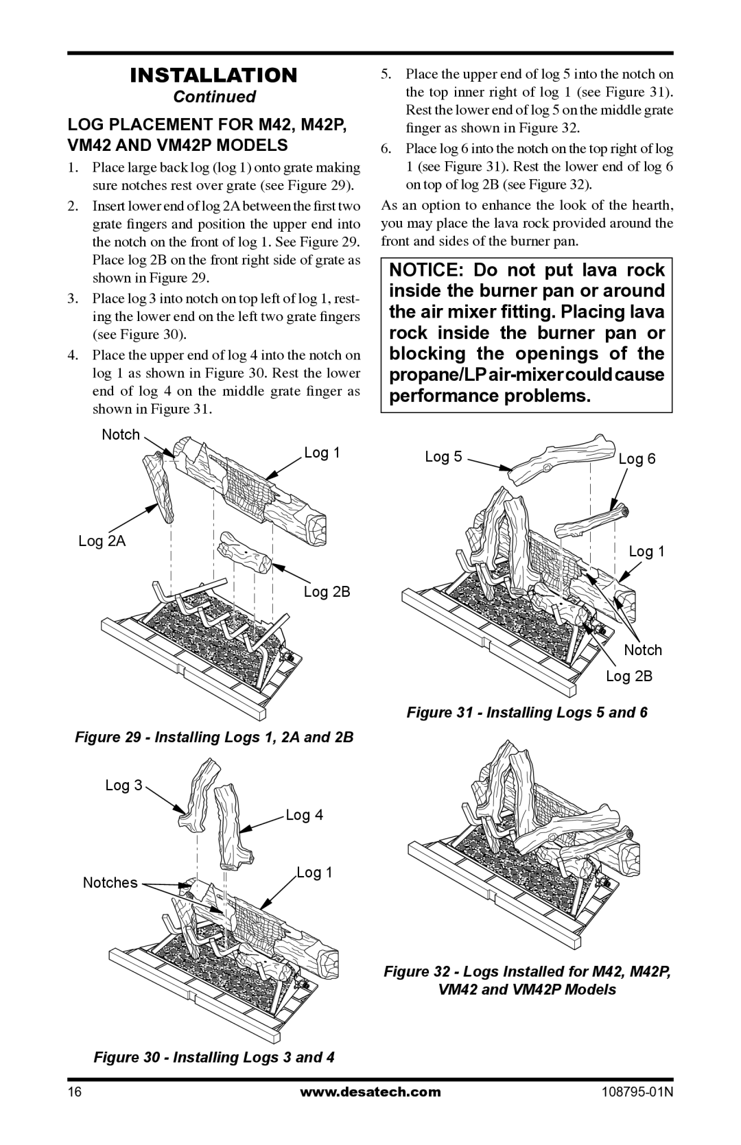 Desa LOG Placement for M42, M42P, VM42 and VM42P Models, Notch Log Log 2A Log 2B, Log Notches, Log Notch Log 2B 