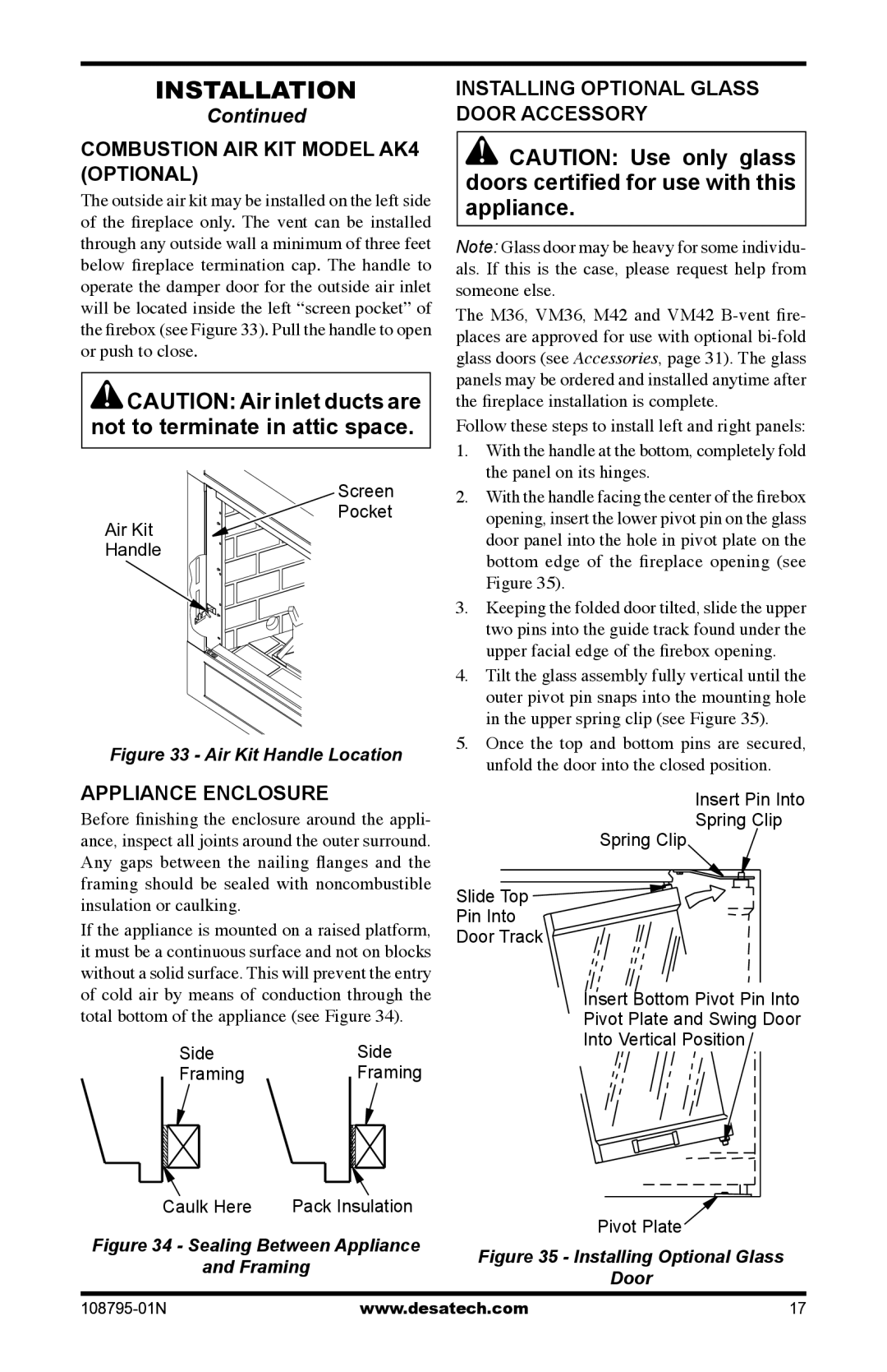 Desa VM42P Combustion AIR KIT Model AK4 Optional, Appliance Enclosure, Installing Optional Glass Door Accessory 