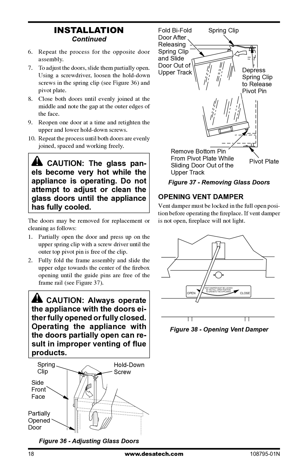 Desa VM42P installation manual Opening Vent Damper, Spring, Clip Screw Side Front, Partially Opened Door 