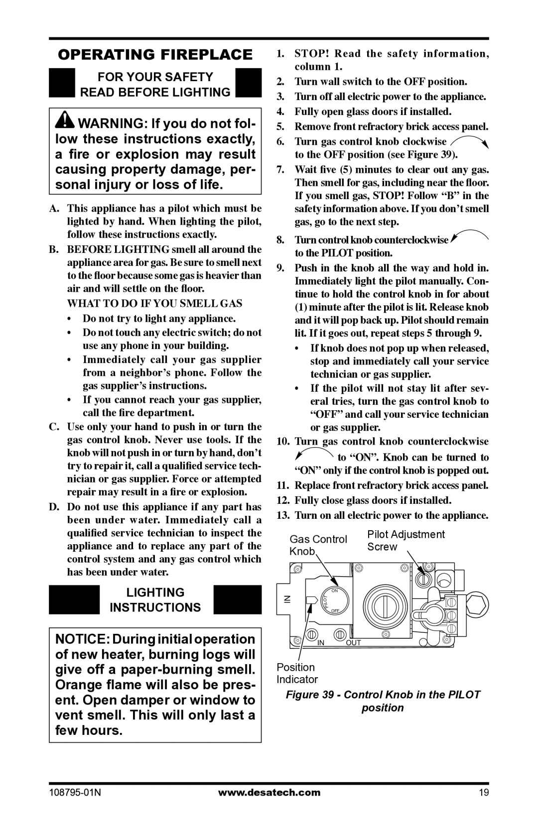 Desa VM42P installation manual Operating Fireplace, For Your Safety Read Before Lighting, Lighting Instructions 