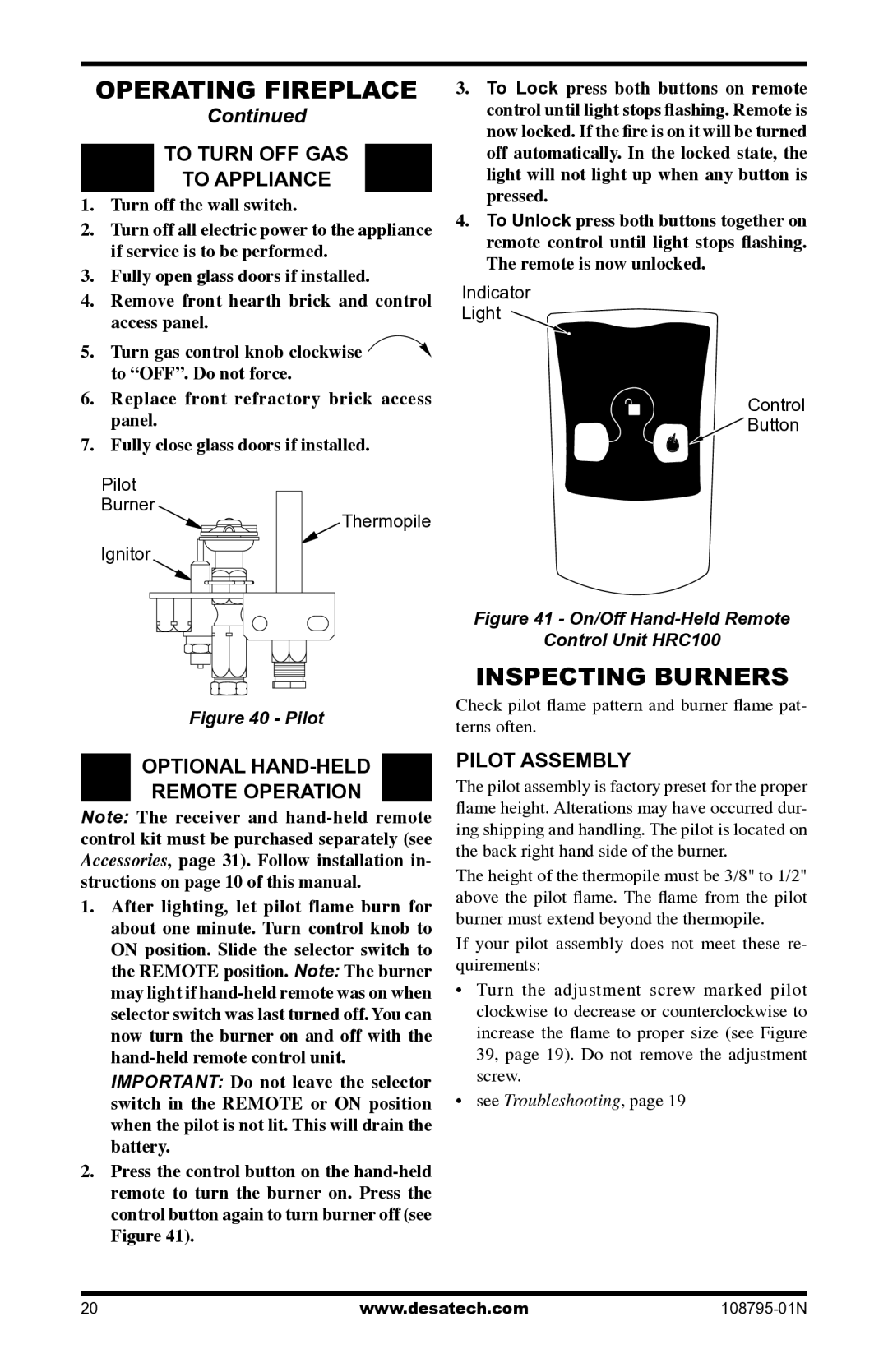 Desa VM42P Inspecting Burners, To Turn OFF GAS To Appliance, Optional HAND-HELD Remote Operation, Pilot Assembly 