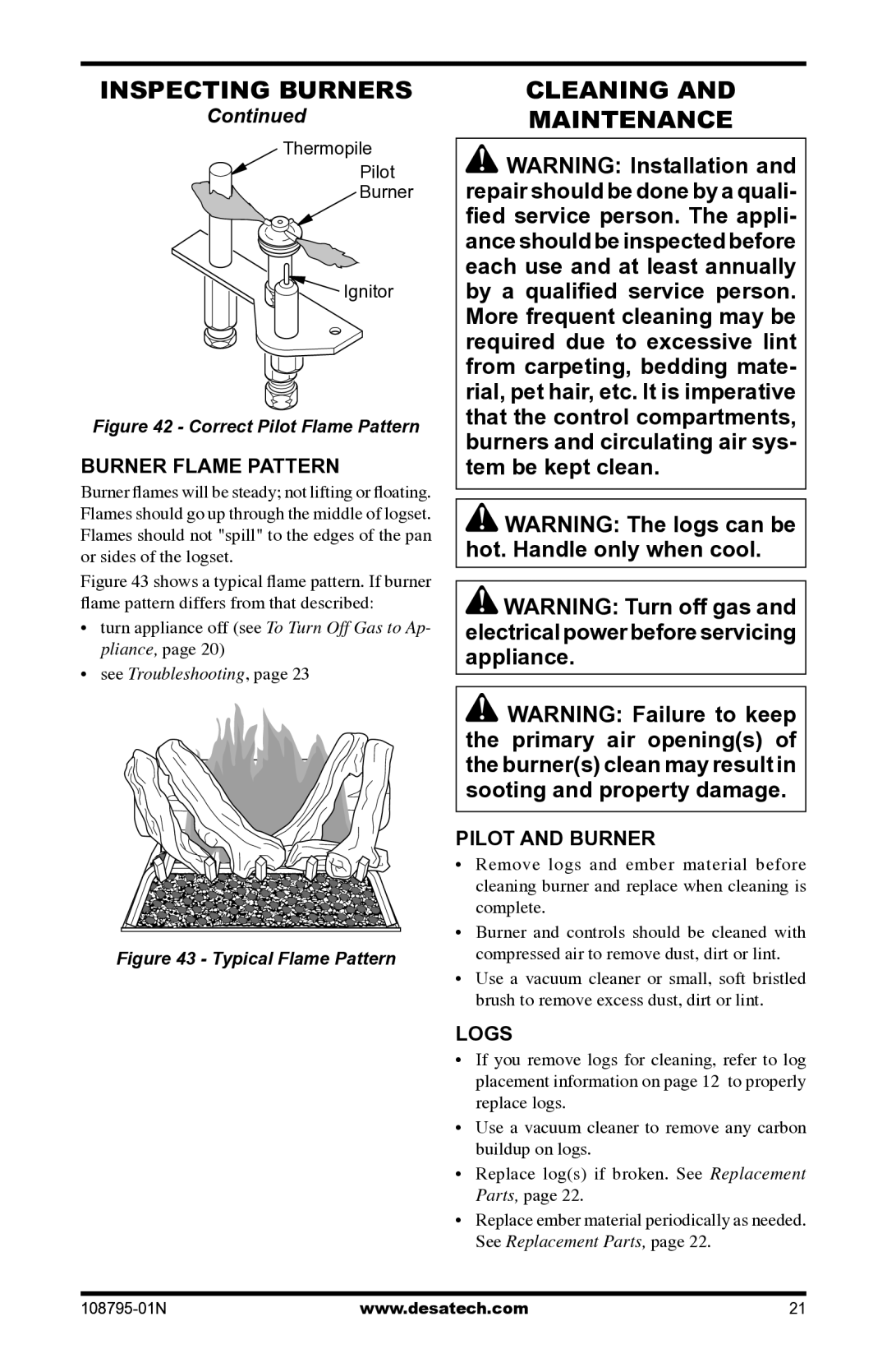 Desa VM42P Cleaning Maintenance, Burner Flame Pattern, Pilot and Burner, Logs, Thermopile Pilot Burner Ignitor 