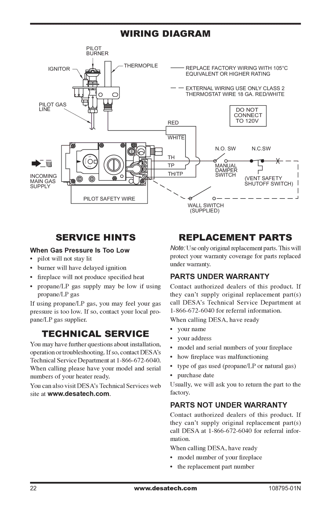 Desa VM42P installation manual Wiring Diagram, Service Hints, Technical Service, Replacement Parts 