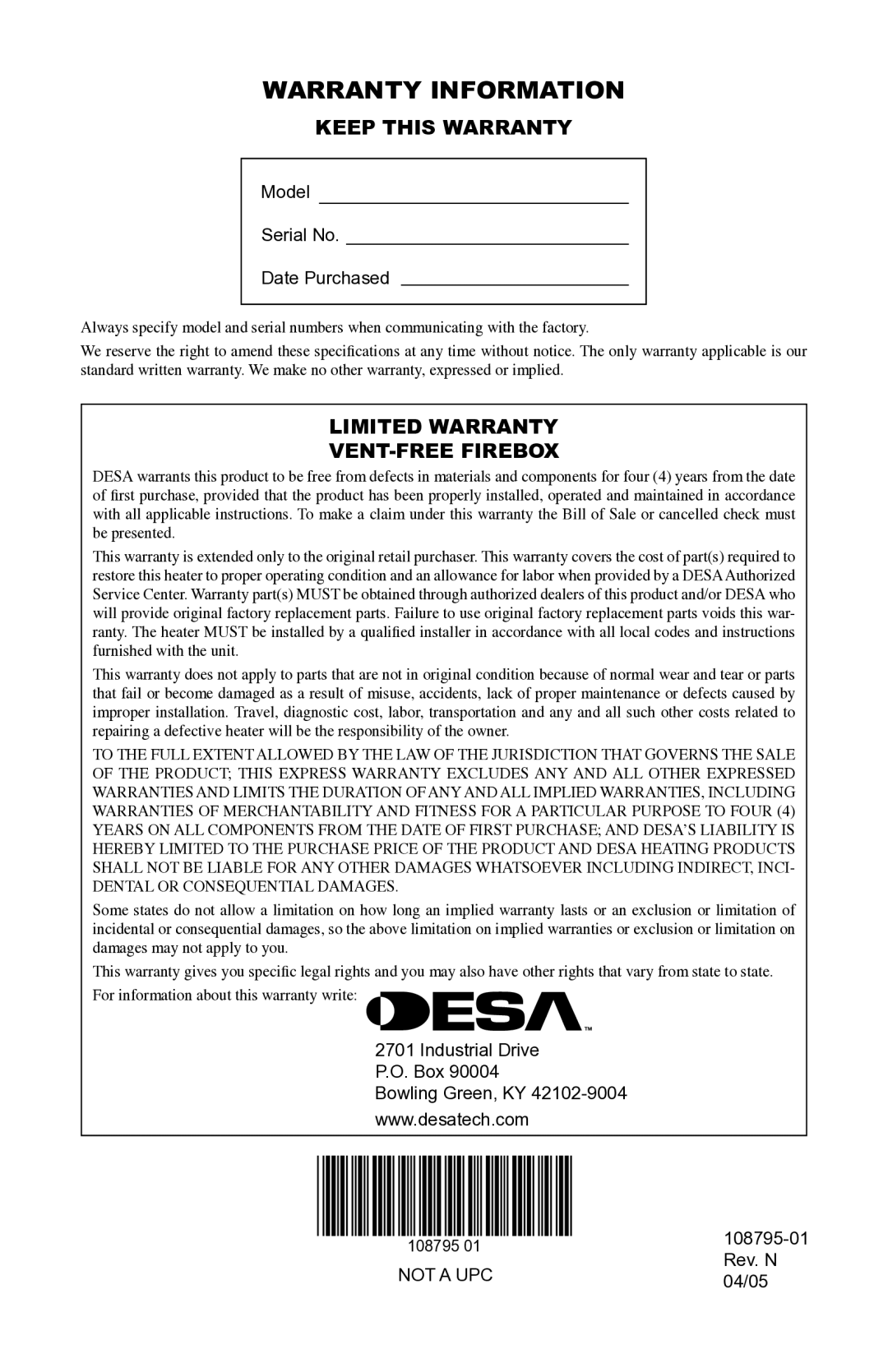 Desa VM42P installation manual Warranty Information, Keep this Warranty, Limited Warranty VENT-FREE Firebox 