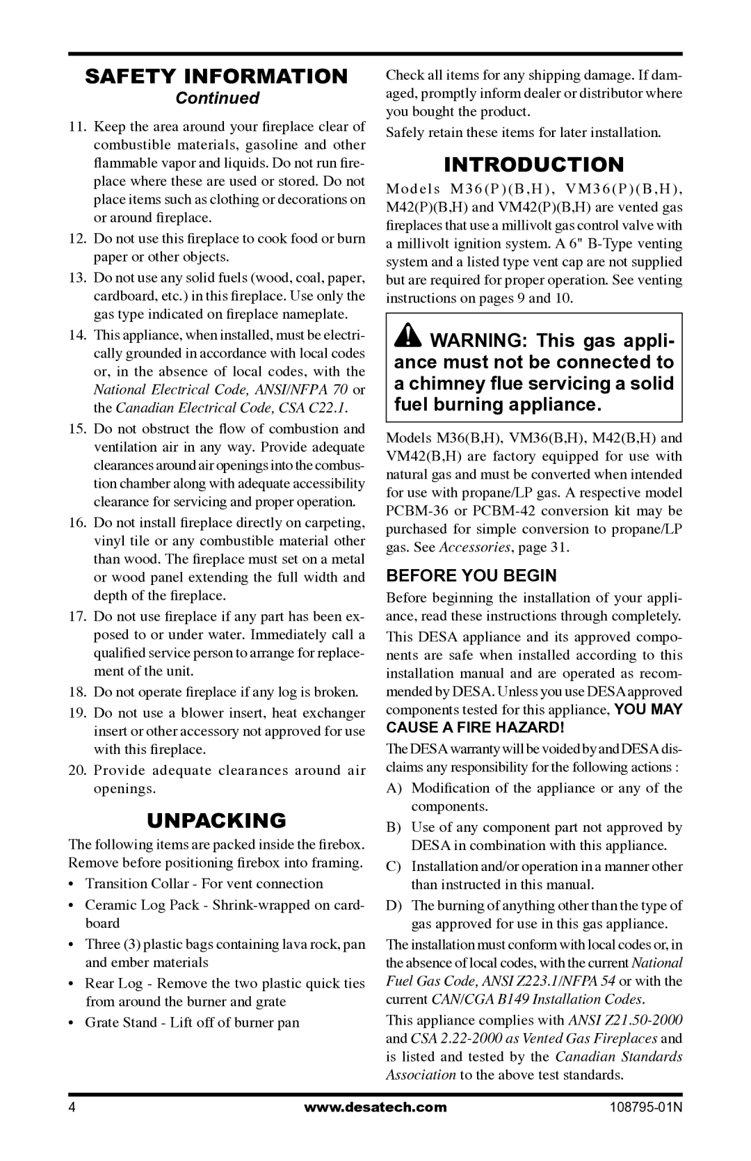 Desa VM42P Unpacking, Introduction, Before YOU Begin, Modiﬁcation of the appliance or any of the components 