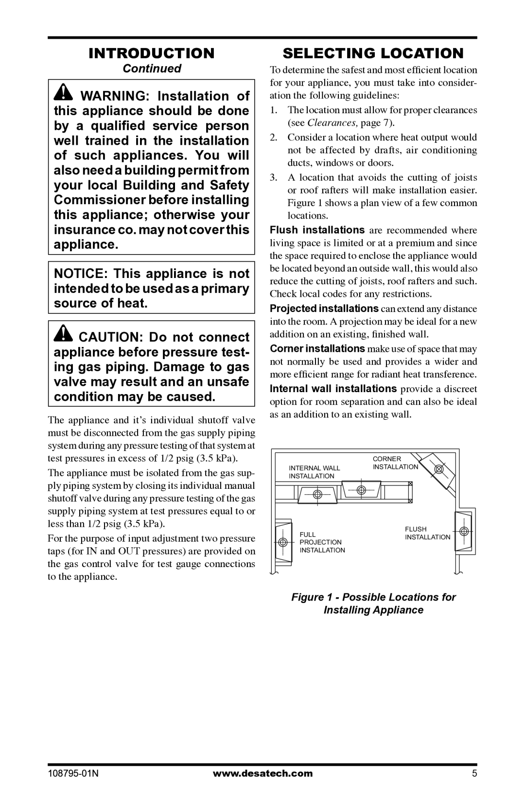 Desa VM42P installation manual Selecting Location, Possible Locations for Installing Appliance 