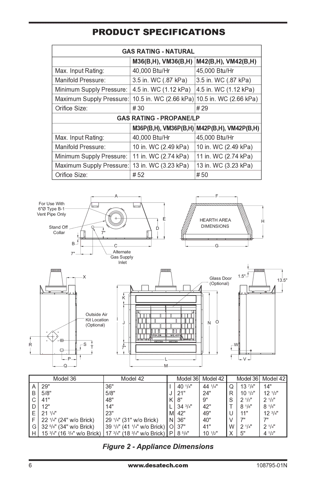 Desa VM42P Product Specifications, M42B,H, VM42B,H, 10.5 in. WC 2.66 kPa, 13 in. WC 3.23 kPa Oriﬁce Size 