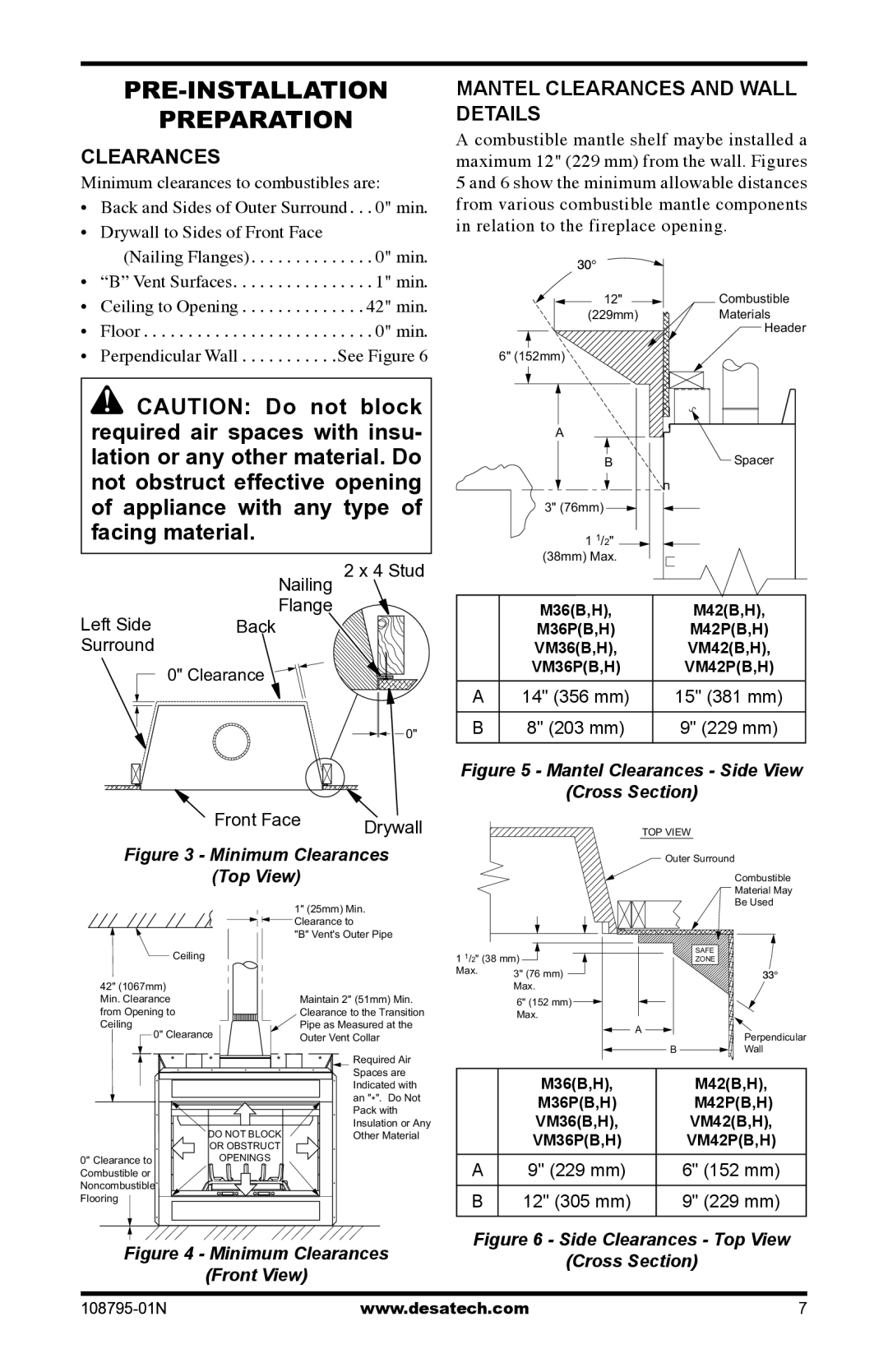 Desa VM42P PRE-INSTALLATION Preparation, Mantel Clearances and Wall, Details, 229 mm 152 mm 12 305 mm 