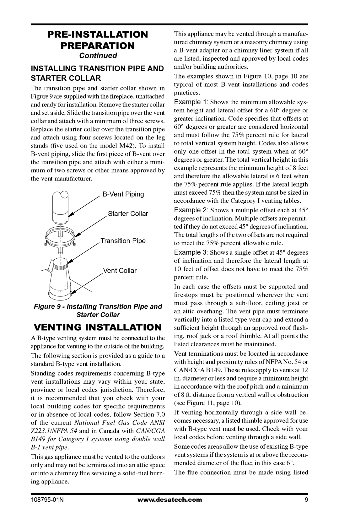 Desa VM42P Venting Installation, Installing Transition Pipe and Starter Collar, ﬂue connection must be made using listed 