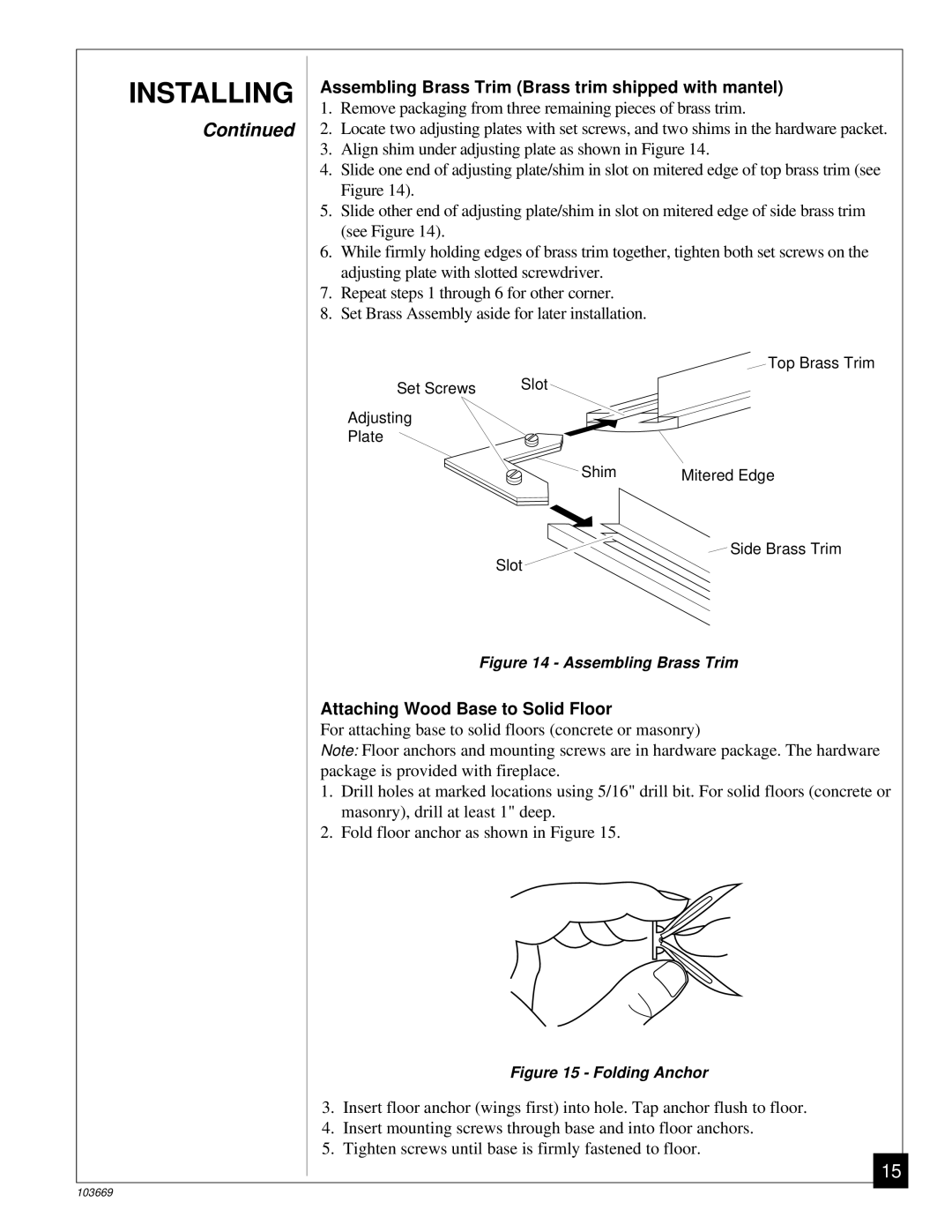 Desa VMH10TP installation manual Assembling Brass Trim Brass trim shipped with mantel, Attaching Wood Base to Solid Floor 