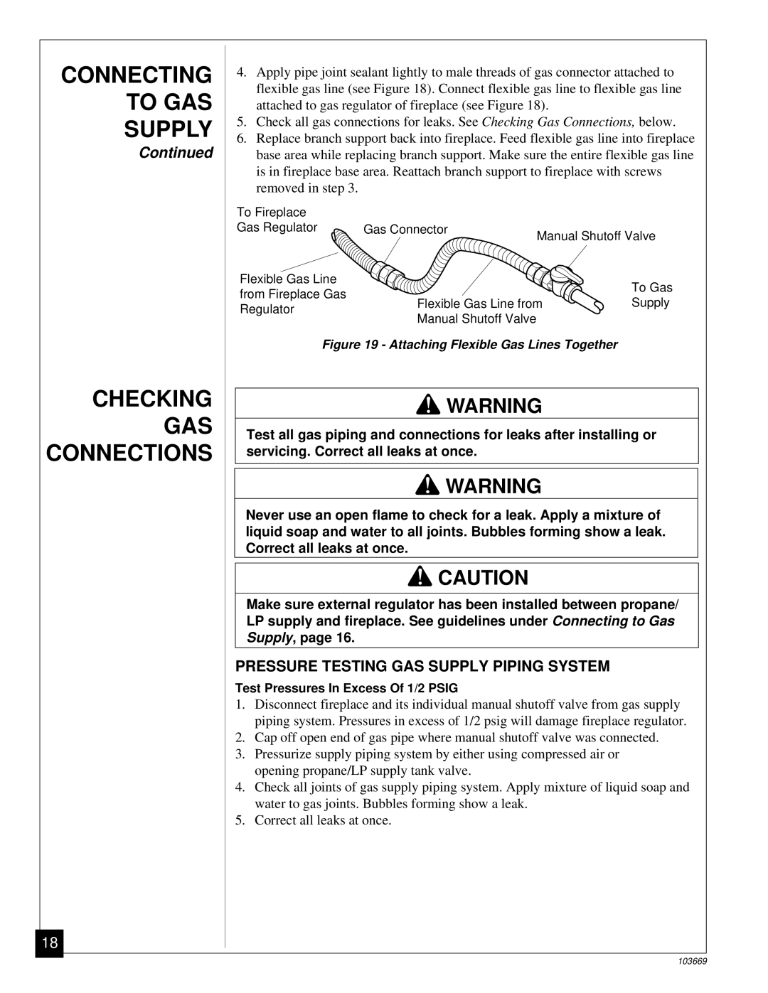 Desa VMH10TP Connecting to GAS Supply Checking GAS Connections, Pressure Testing GAS Supply Piping System 