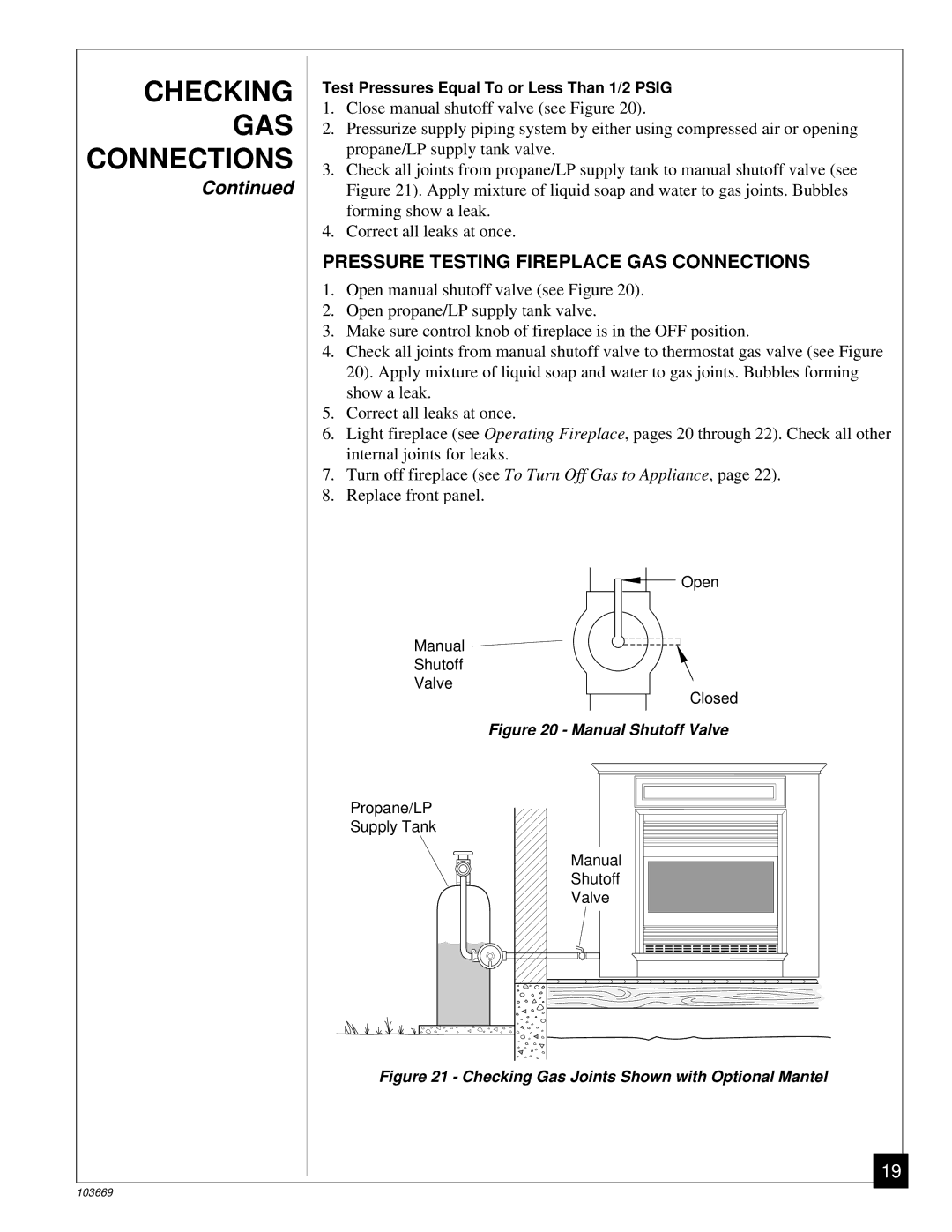 Desa VMH10TP installation manual Pressure Testing Fireplace GAS Connections, Manual Shutoff Valve 