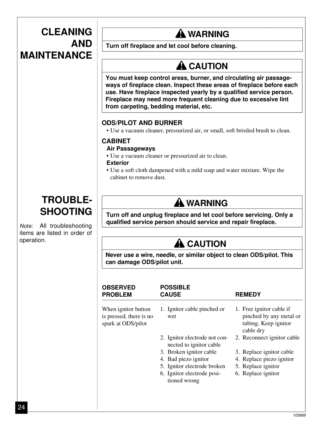 Desa VMH10TP installation manual Cleaning and Maintenance Trouble Shooting, ODS/PILOT and Burner, Cabinet 