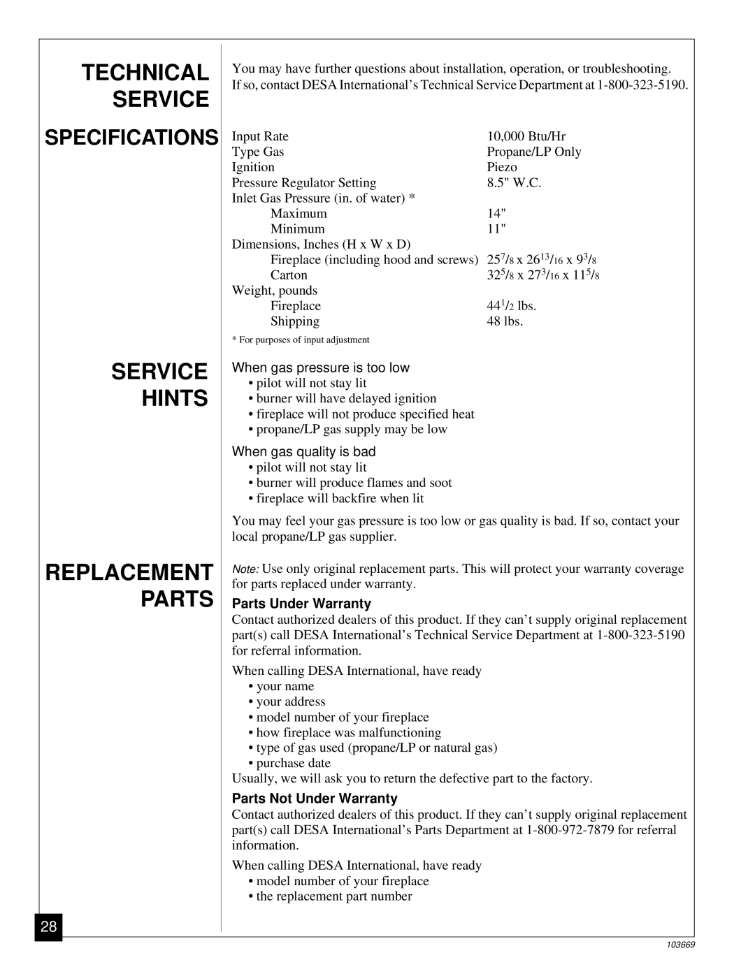 Desa VMH10TP Technical Service, Service Hints Replacement Parts, Parts Under Warranty, Parts Not Under Warranty 