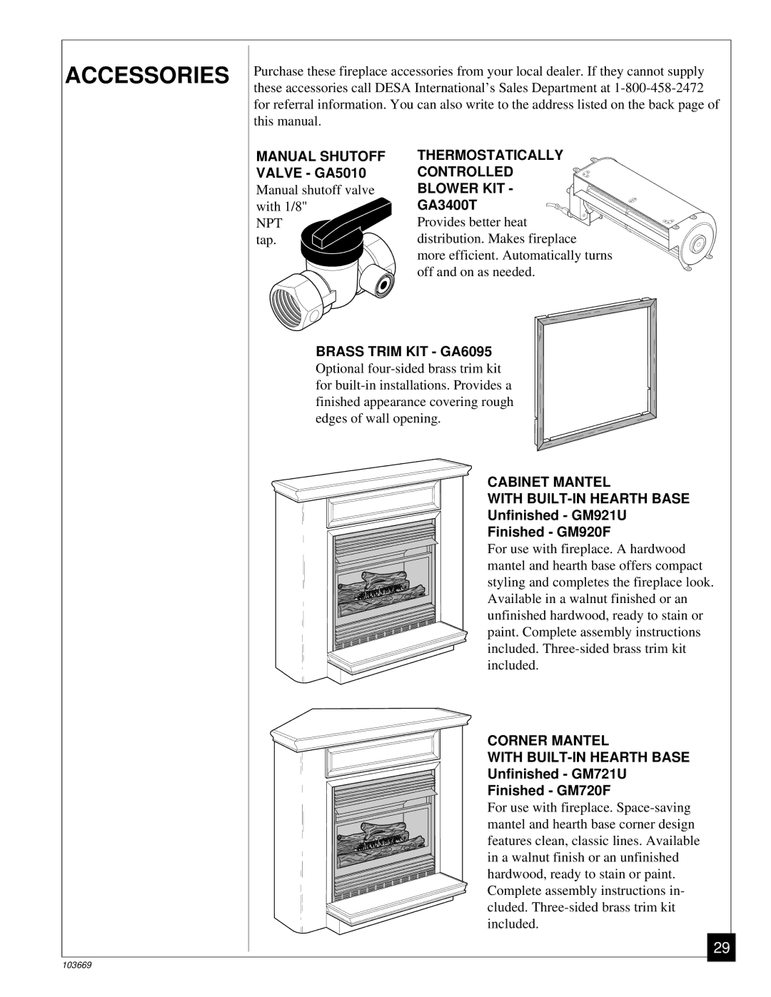 Desa VMH10TP installation manual Accessories, Unfinished GM921U Finished GM920F, Unfinished GM721U Finished GM720F 