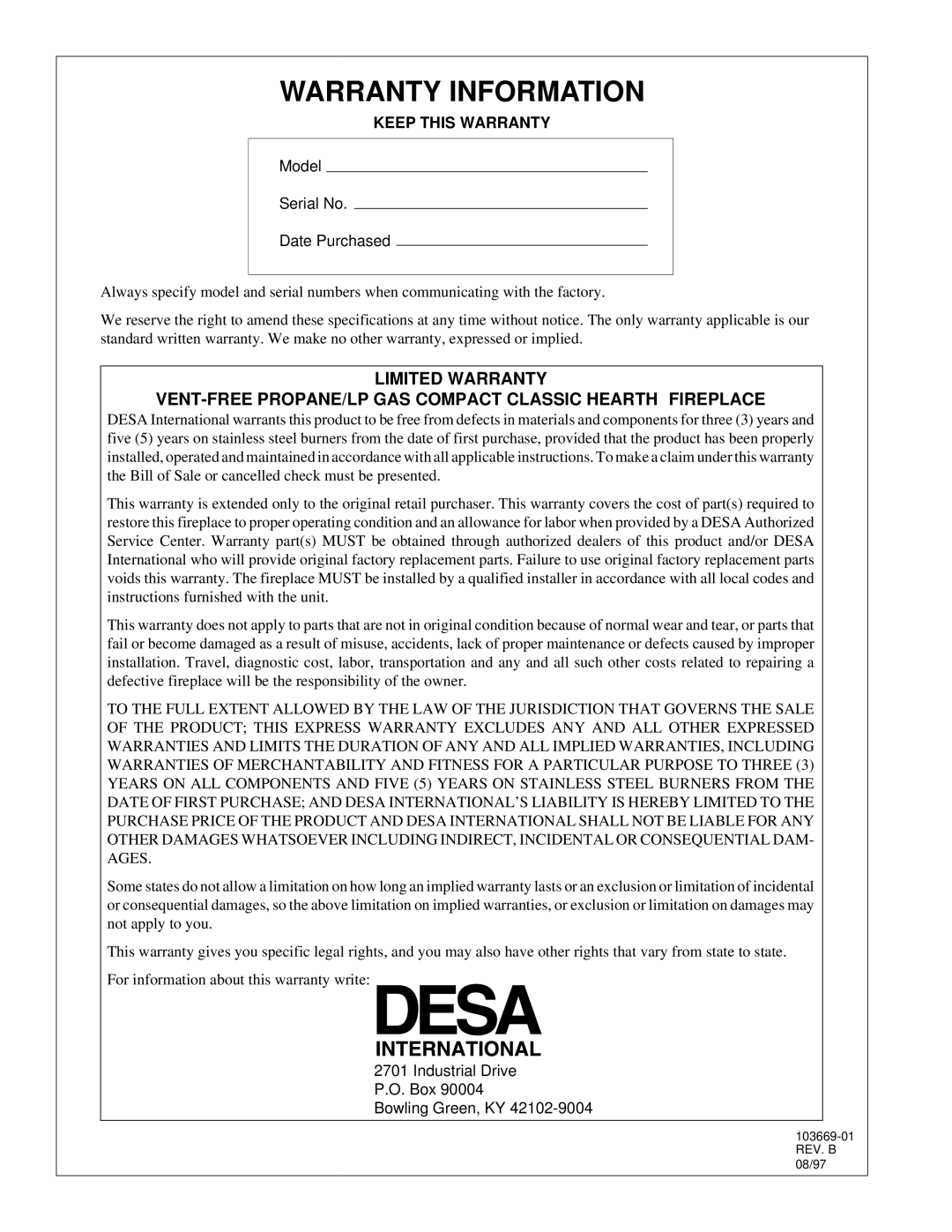 Desa VMH10TP installation manual Warranty Information, Keep this Warranty 