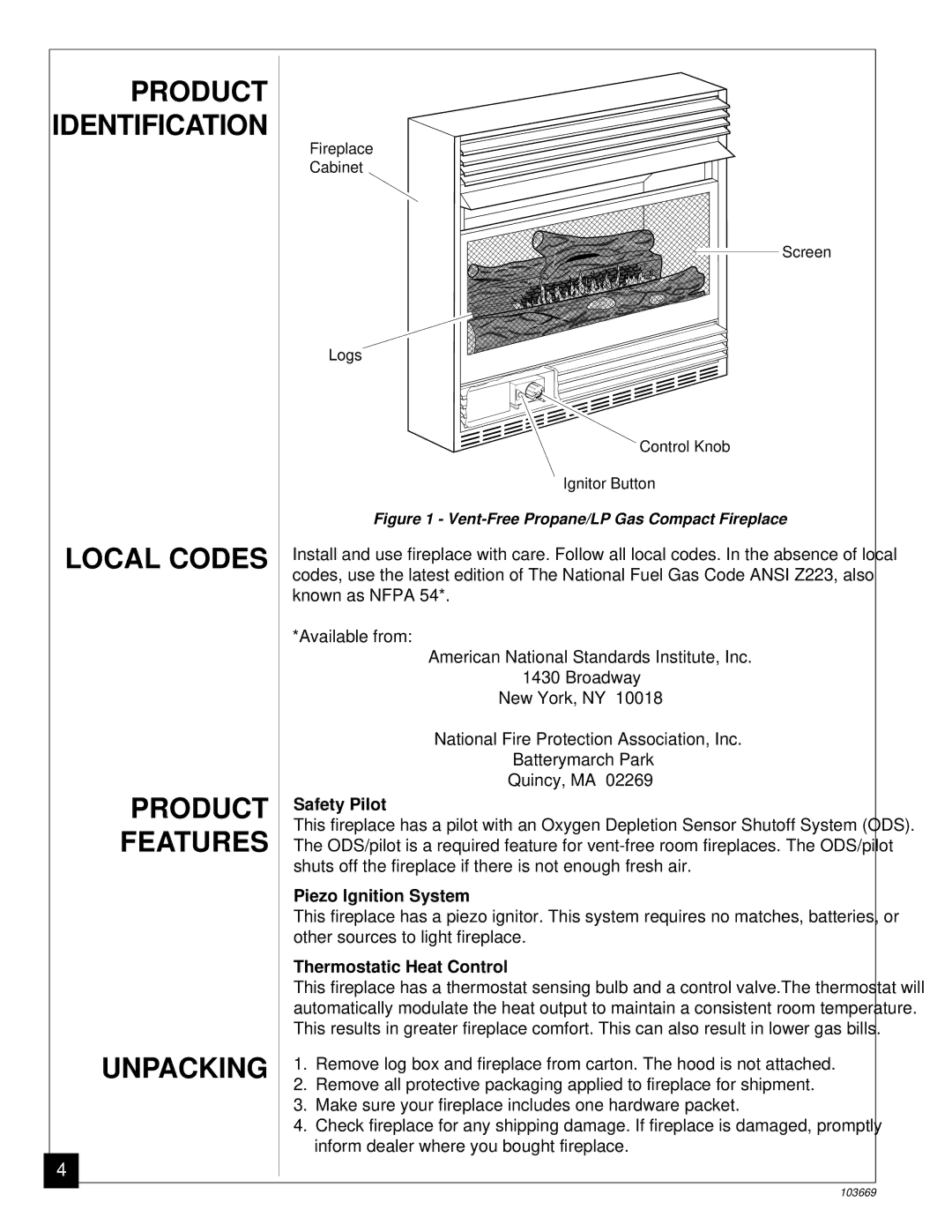 Desa VMH10TP Local Codes Product Features Unpacking, Safety Pilot, Piezo Ignition System, Thermostatic Heat Control 