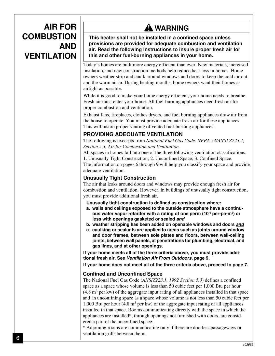 Desa VMH10TP AIR for Combustion and Ventilation, Providing Adequate Ventilation, Unusually Tight Construction 