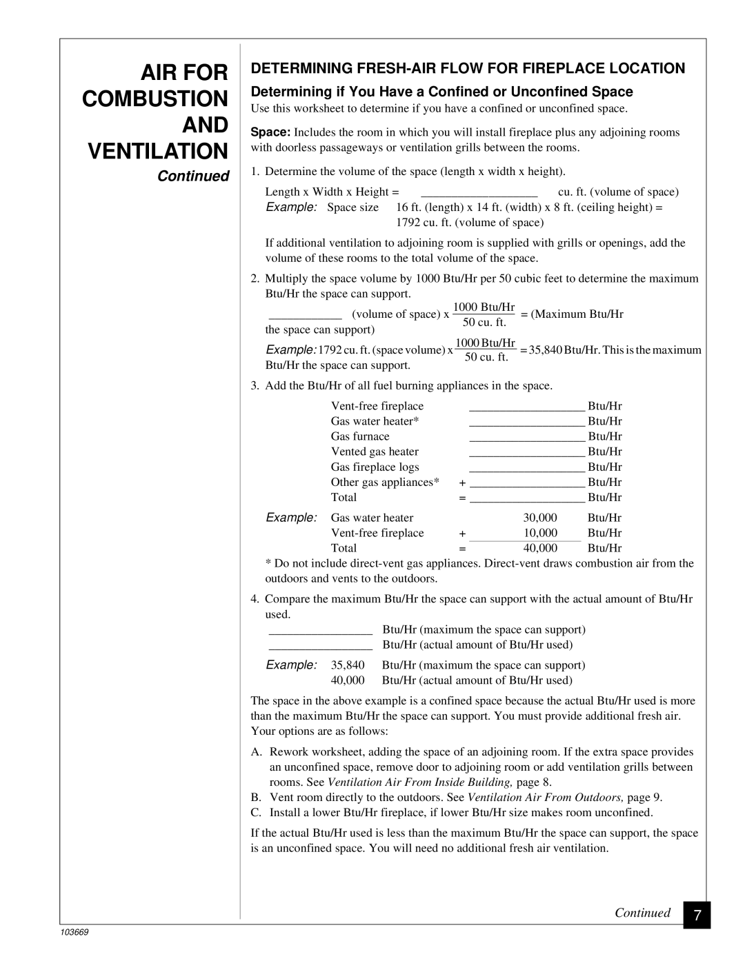 Desa VMH10TP Determining FRESH-AIR Flow for Fireplace Location, Determining if You Have a Confined or Unconfined Space 