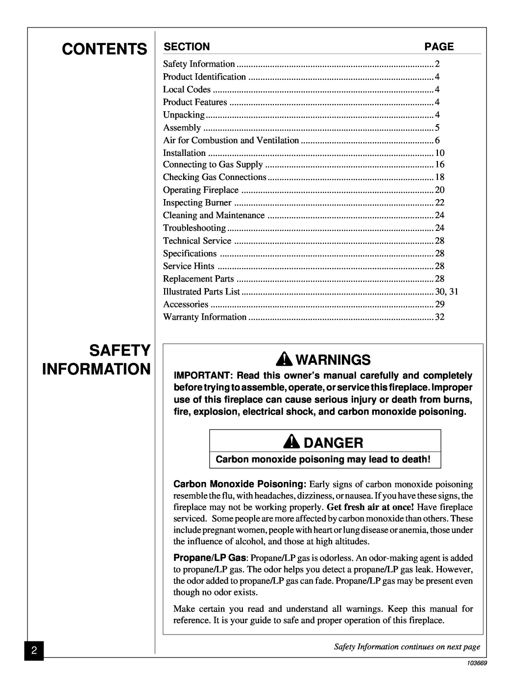 Desa VMH10TP installation manual Contents Safety Information, Danger, Carbon monoxide poisoning may lead to death 