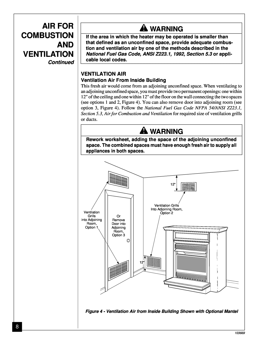 Desa VMH10TP installation manual Air For Combustion And Ventilation, Continued, Ventilation Air From Inside Building 