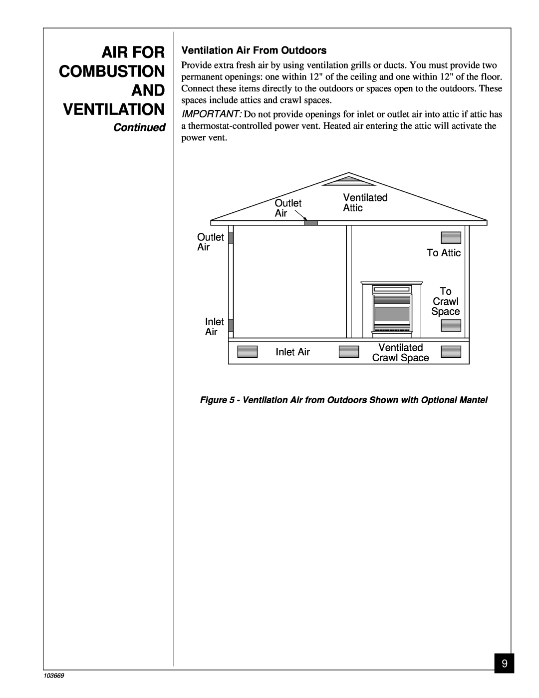 Desa VMH10TP Air For Combustion And Ventilation, Continued, Ventilation Air From Outdoors, Ventilated Outlet Attic Air 