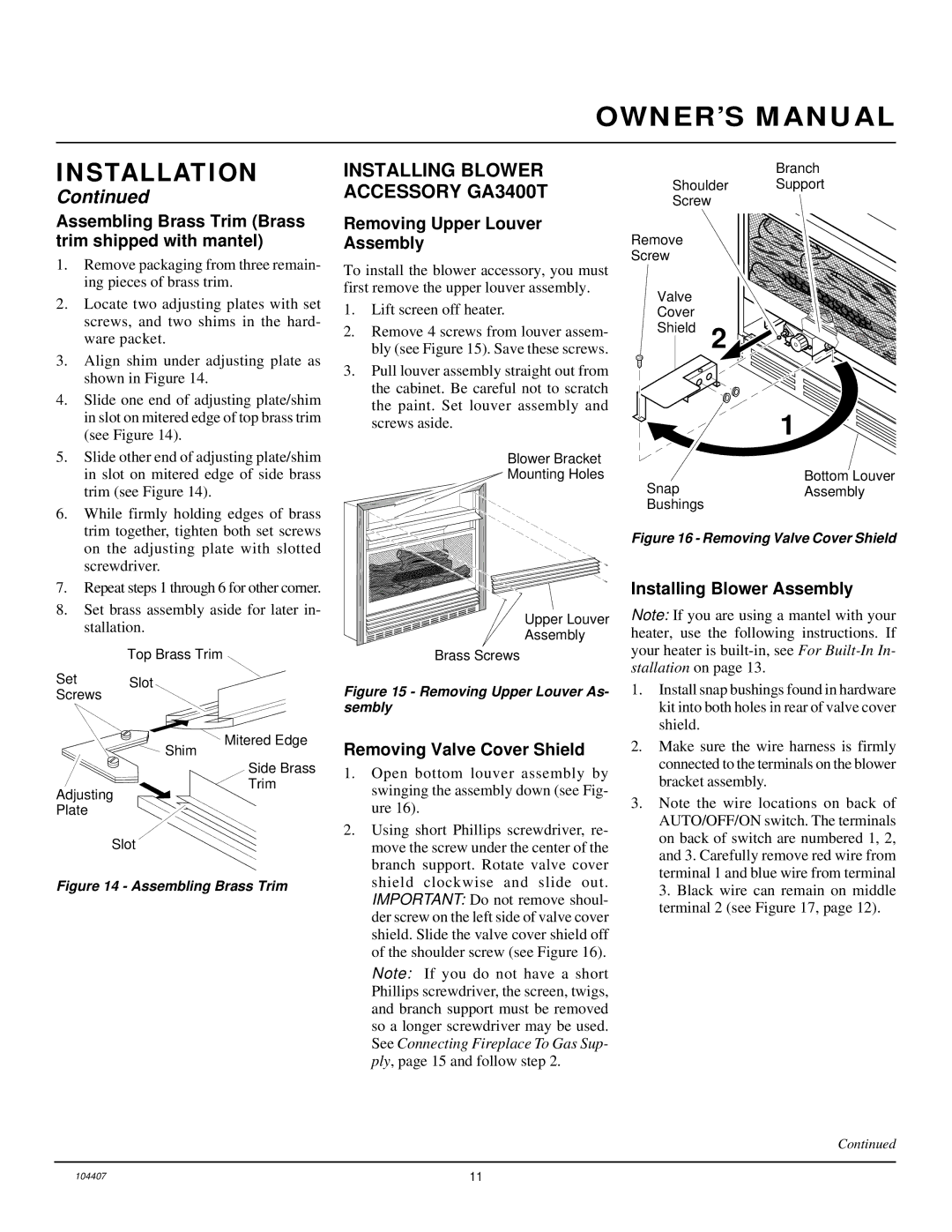 Desa VMH10TPA installation manual Installing Blower Accessory GA3400T, Assembling Brass Trim Brass trim shipped with mantel 