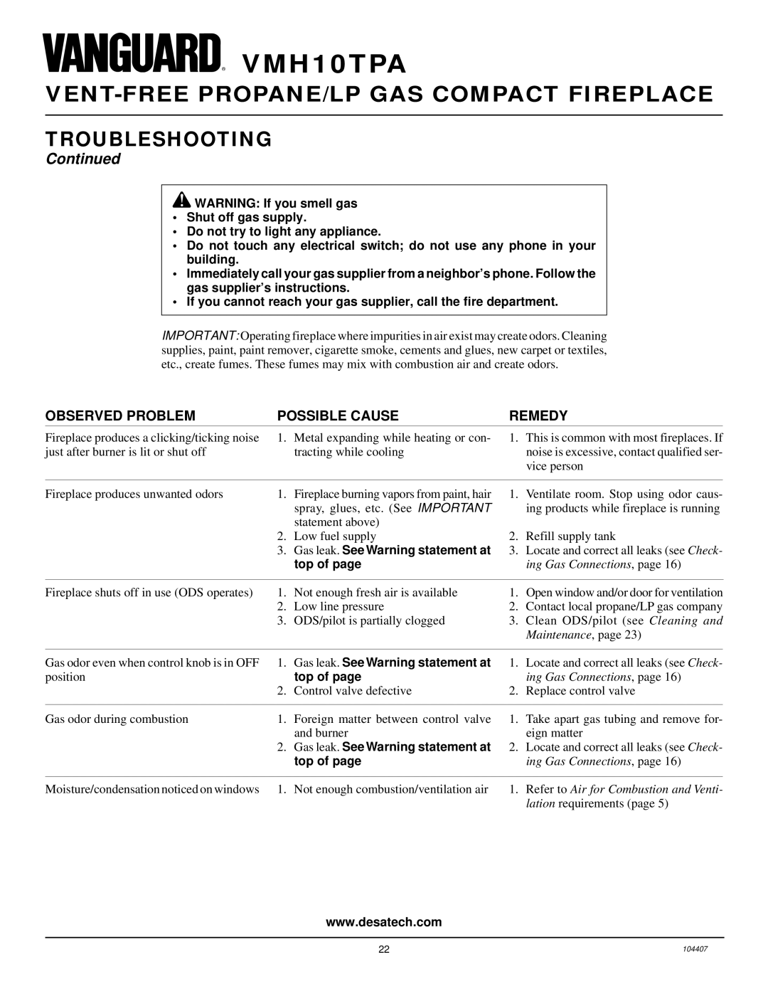 Desa VMH10TPA installation manual Gas leak. See Warning statement at 