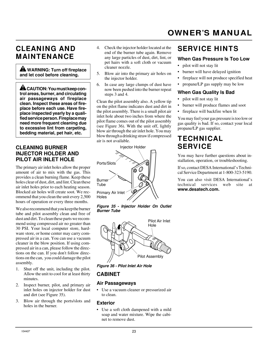 Desa VMH10TPA installation manual Cleaning and Maintenance, Service Hints, Technical Service, Cabinet 