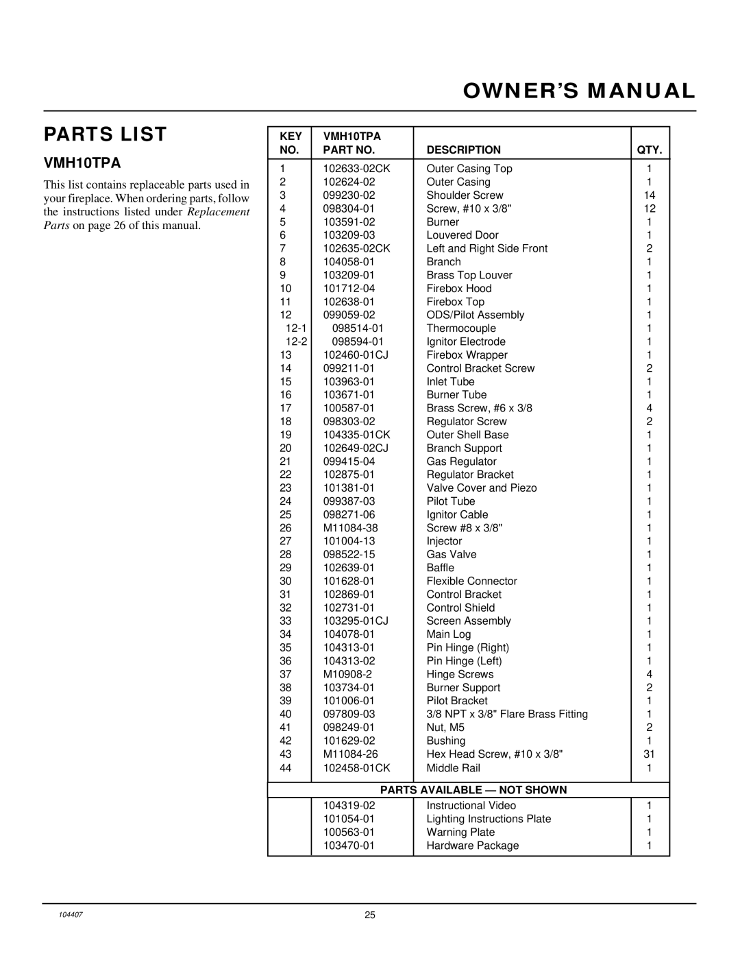 Desa installation manual Parts List, KEY VMH10TPA Description QTY 