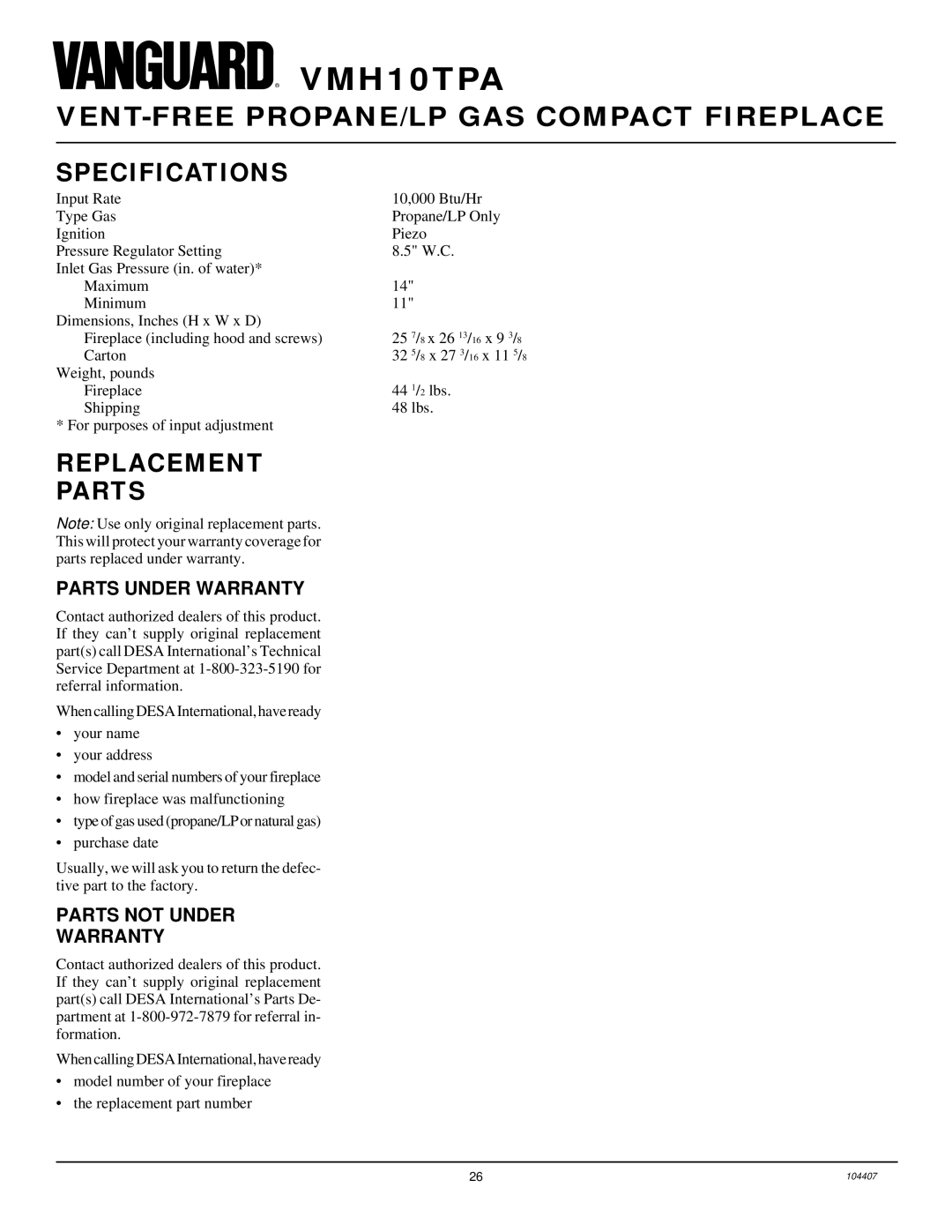 Desa VMH10TPA installation manual Specifications, Replacement Parts, Parts Under Warranty, Parts not Under Warranty 