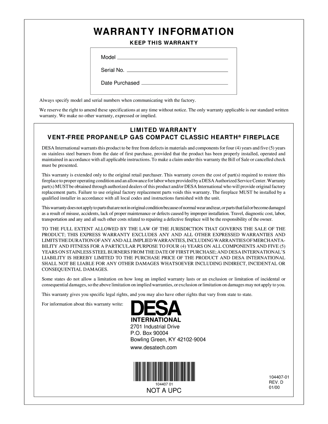 Desa VMH10TPA installation manual Warranty Information 