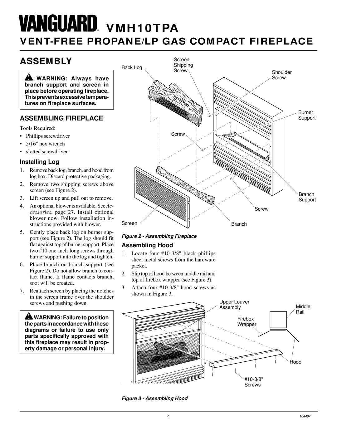 Desa VMH10TPA installation manual Assembly, Assembling Fireplace, Installing Log, Assembling Hood 