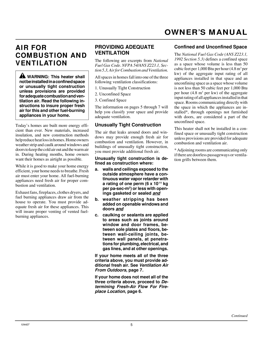 Desa VMH10TPA AIR for Combustion and Ventilation, Providing Adequate Ventilation, Unusually Tight Construction 