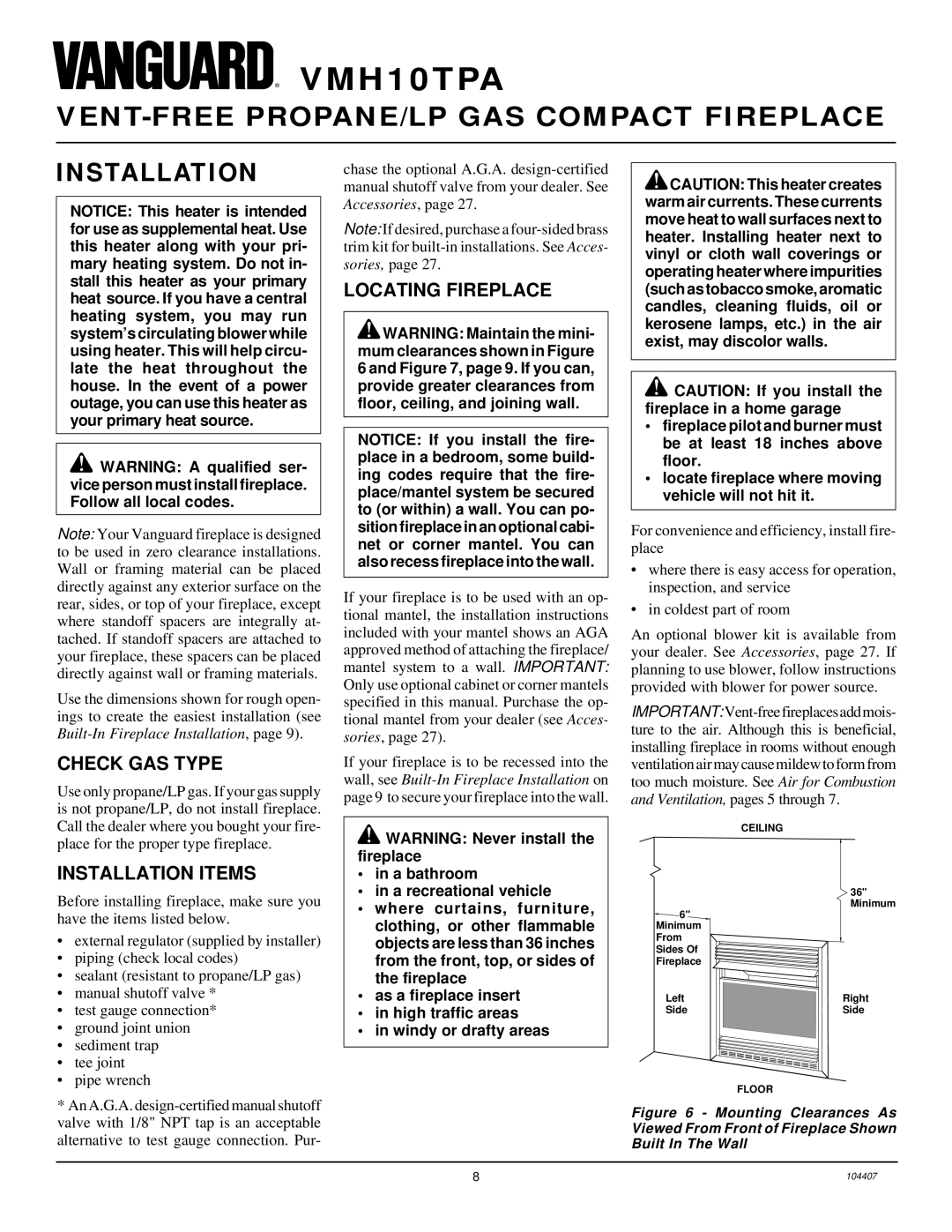 Desa VMH10TPA installation manual Check GAS Type, Installation Items, Locating Fireplace 