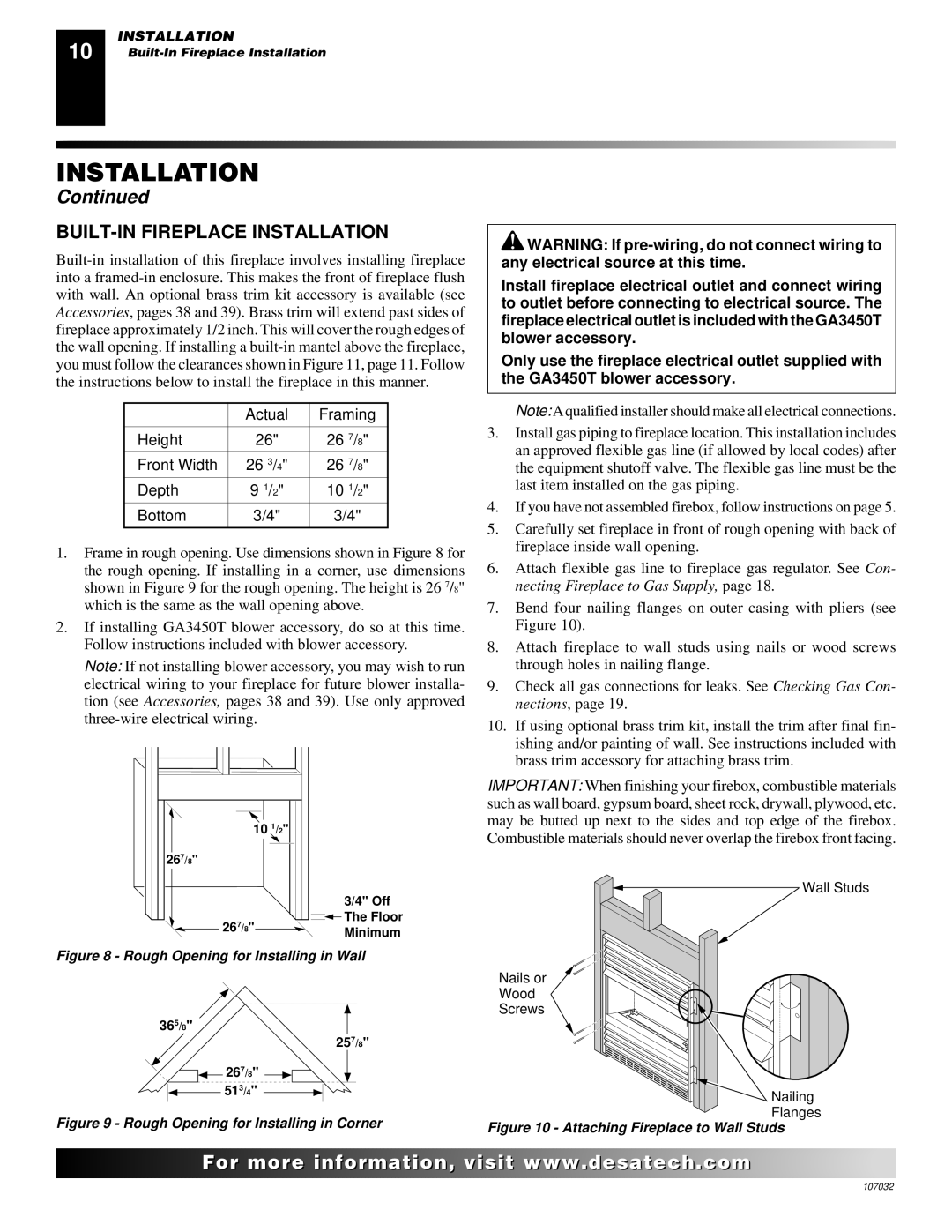 Desa VMH10TPB installation manual BUILT-IN Fireplace Installation, Rough Opening for Installing in Wall 