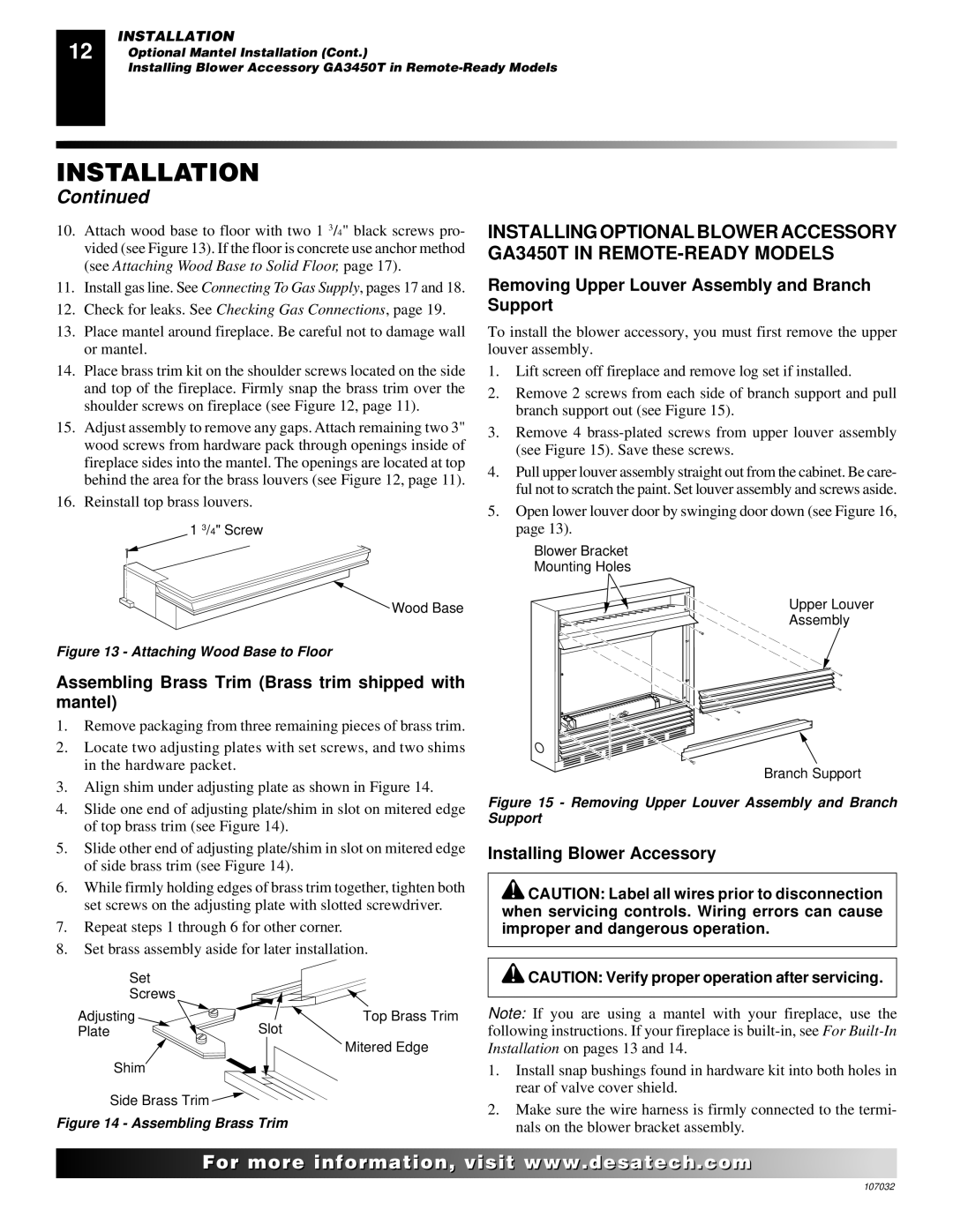 Desa VMH10TPB Assembling Brass Trim Brass trim shipped with mantel, Removing Upper Louver Assembly and Branch Support 