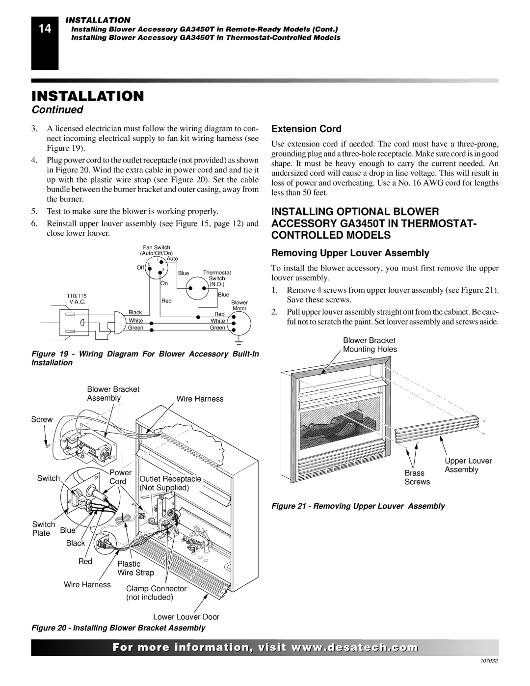 Desa VMH10TPB installation manual Extension Cord, Removing Upper Louver Assembly 