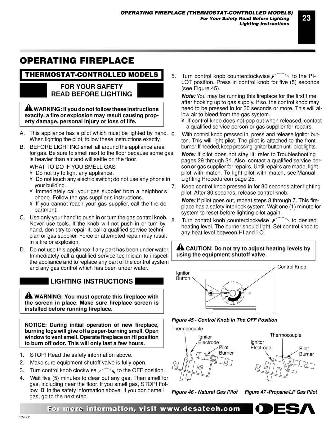 Desa VMH10TPB installation manual Operating Fireplace, Lighting Instructions 